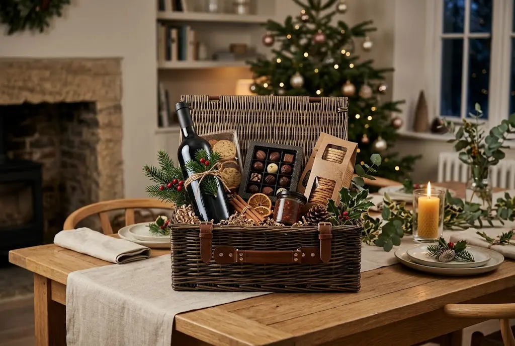 Christmas wine gift hamper with chocolates and festive treats