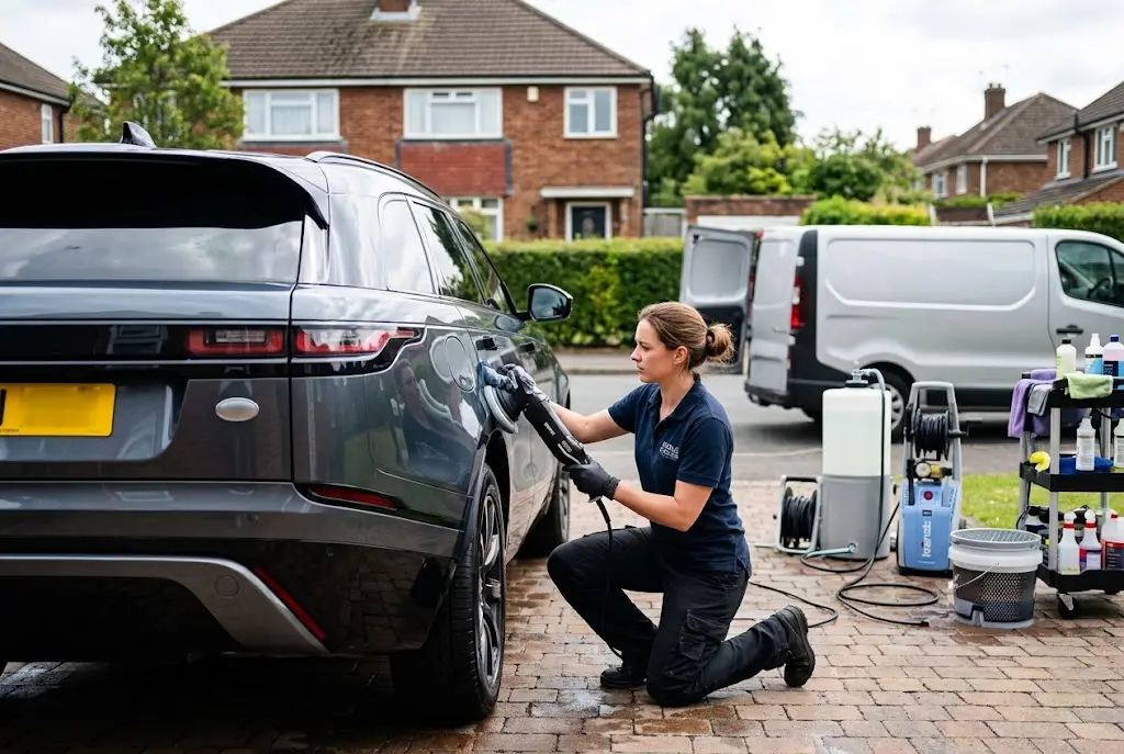 Professional mobile car detailing service cleaning a car at a UK home
