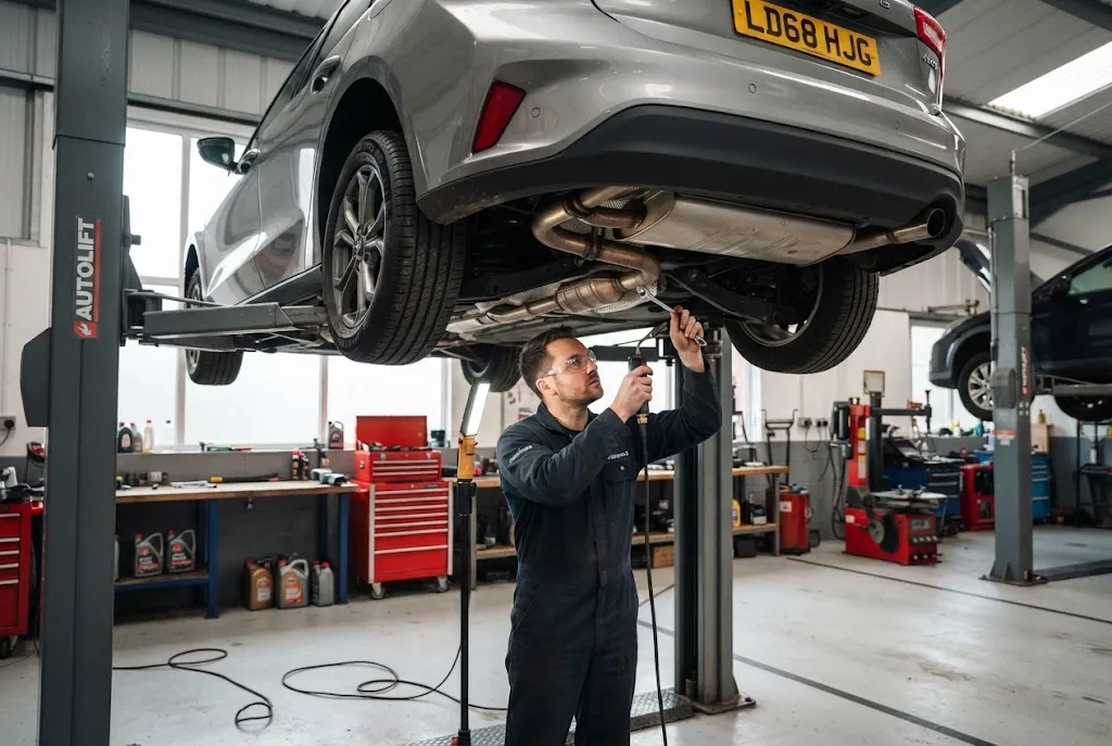 Auto exhaust repair inspection at a professional UK garage