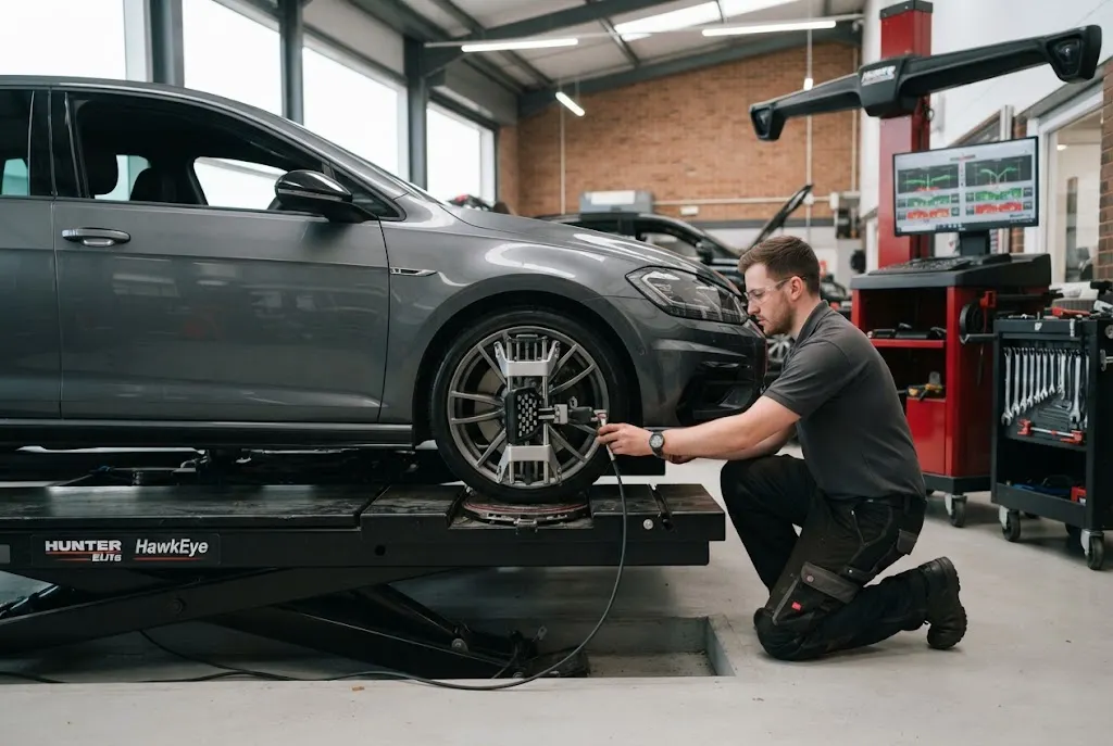 Wheel alignment service at a professional UK automotive garage