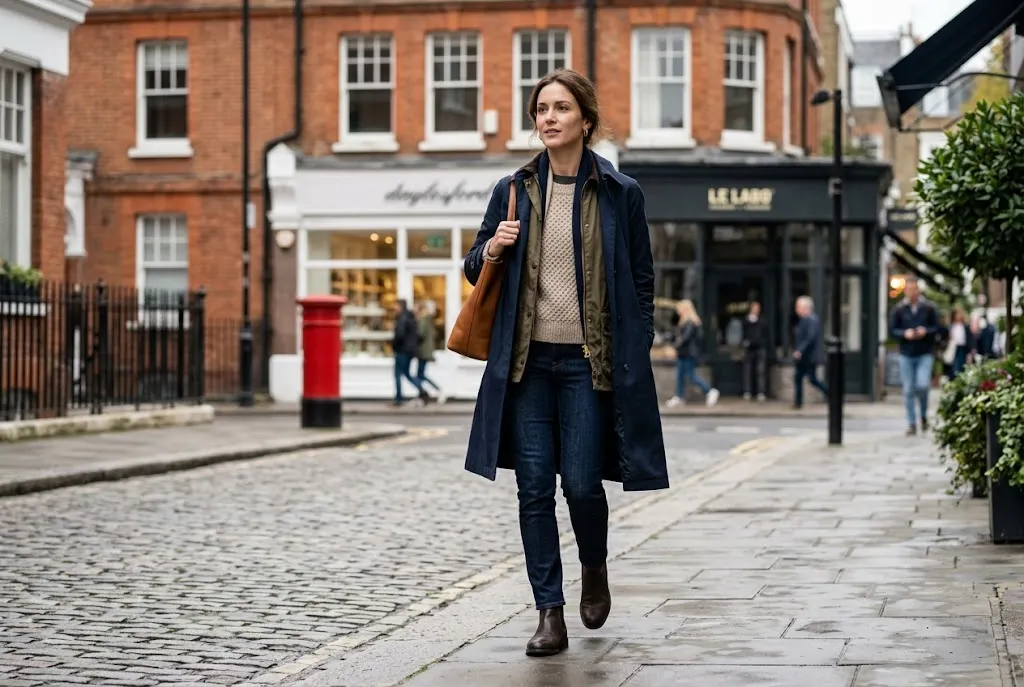 Stylish functional wardrobe outfit with versatile layers for UK seasons