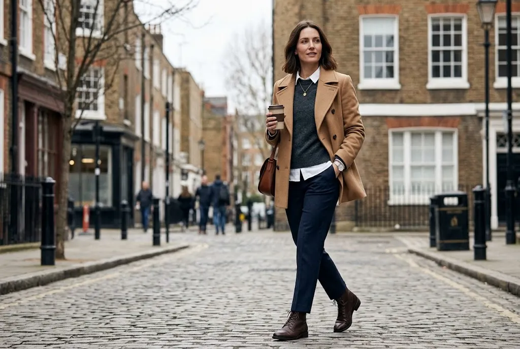 Person wearing a timeless wardrobe outfit in a UK setting
