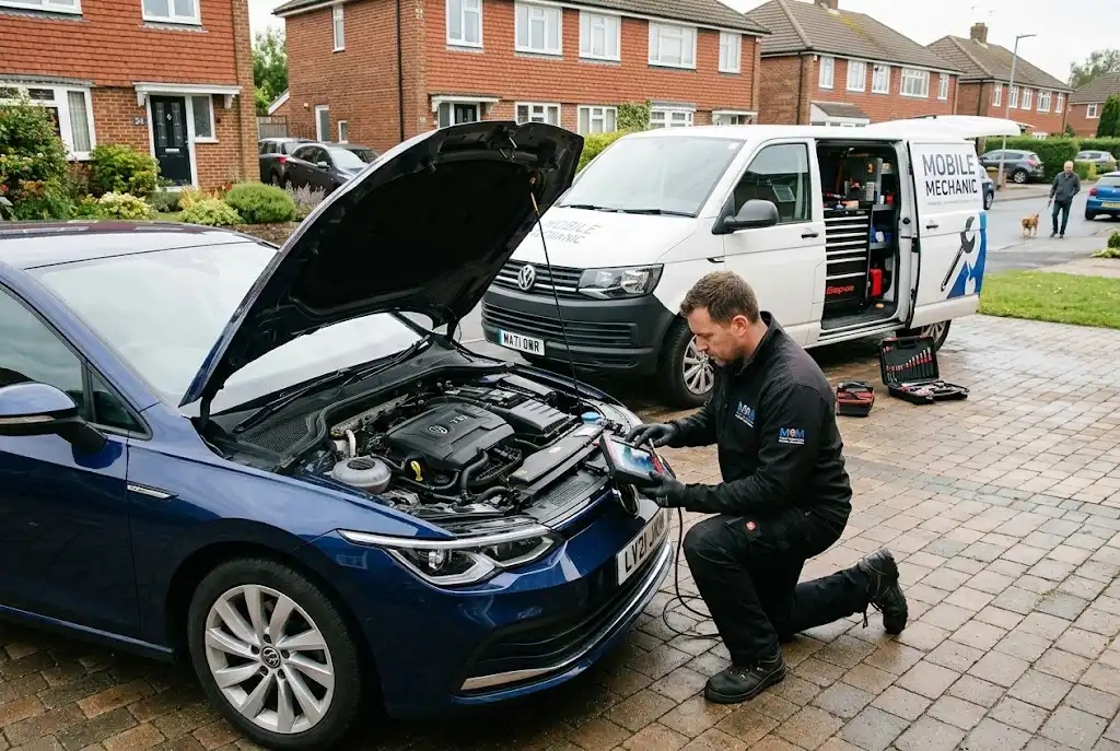 Mobile auto service with a professional mechanic working on a UK car