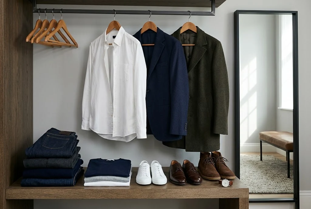 Essential men's clothing including jeans shirts blazer knitwear coat and shoes