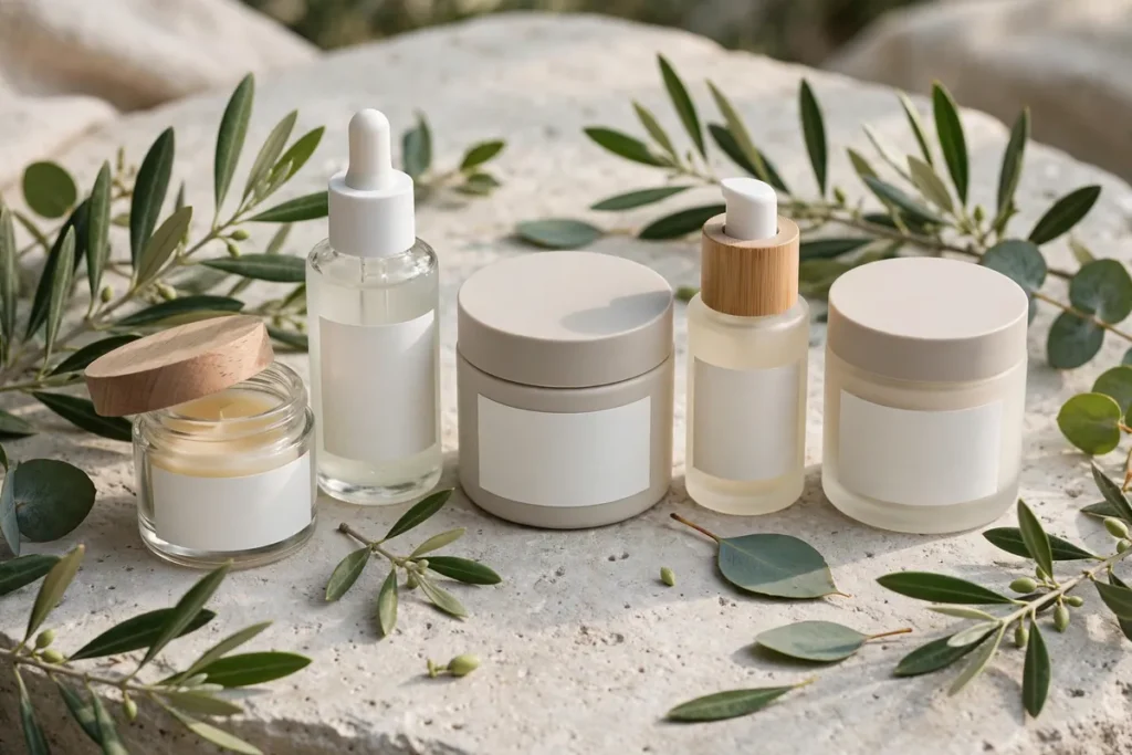 Best Clean Beauty Brands clean beauty products in simple packaging with natural leaves for UK shoppers