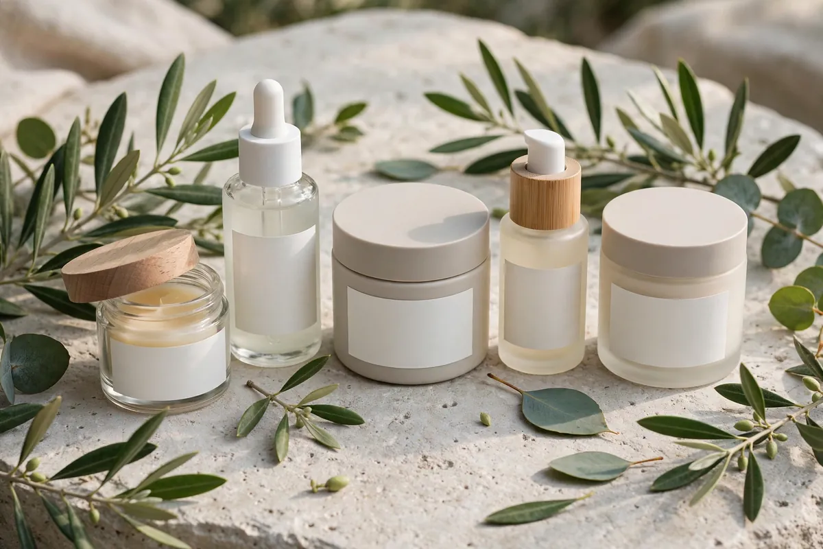 clean beauty products in simple packaging with natural leaves for UK shoppers